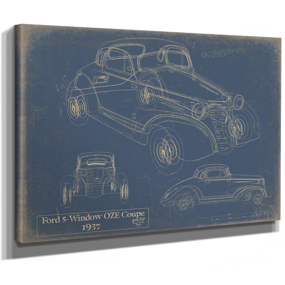 Cutler West Ford 5-Window OZE Coupe 1937 blueprint on blue stretched canvas wrap showing multiple vehicle angles