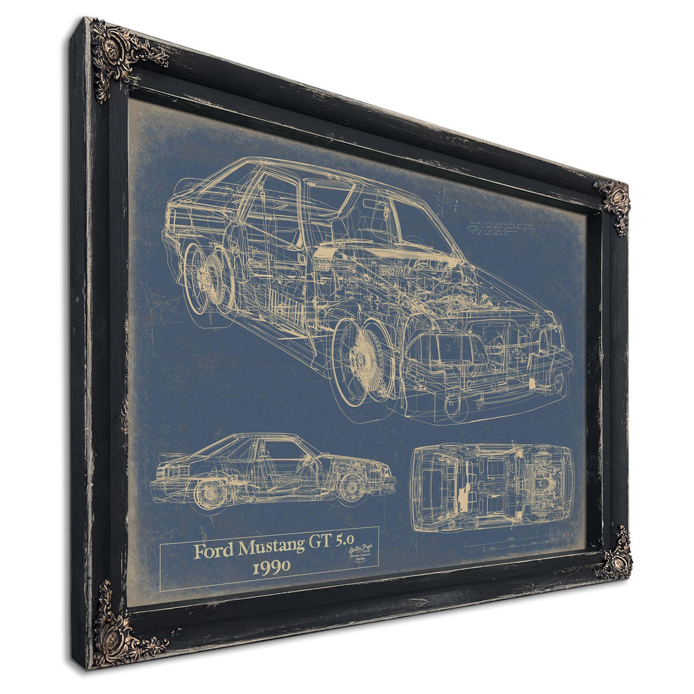 Cutler West Ford Mustang GT 5.0 1990 blueprint print on stretched canvas with blue background