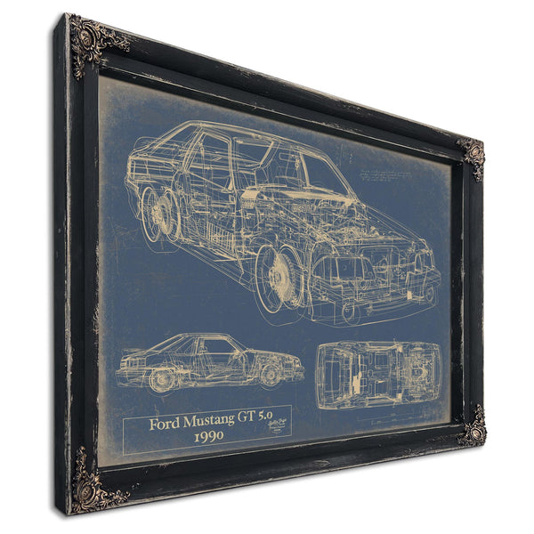 Cutler West Vintage 1990 Ford Mustang GT 5.0 Fox Body Car Model Mancave Blueprint Art
