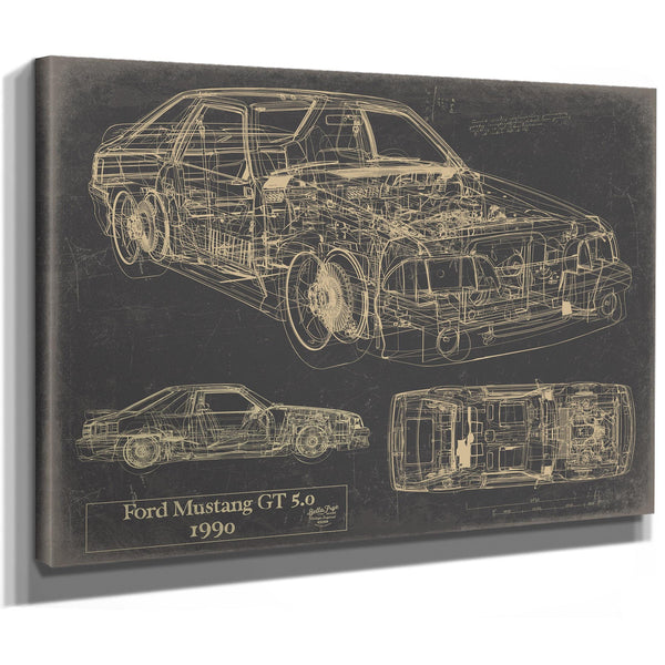 Cutler West Vintage 1990 Ford Mustang GT 5.0 Fox Body Car Model Mancave Blueprint Art