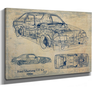 Cutler West Vintage 1990 Ford Mustang GT 5.0 Fox Body Car Model Mancave Blueprint Art