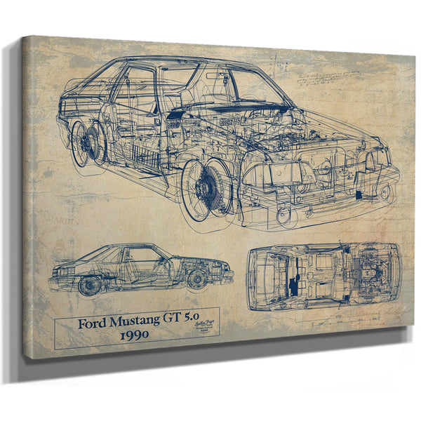 Cutler West Vintage 1990 Ford Mustang GT 5.0 Fox Body Car Model Mancave Blueprint Art