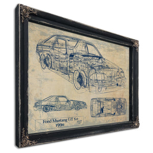 Cutler West Vintage 1990 Ford Mustang GT 5.0 Fox Body Car Model Mancave Blueprint Art