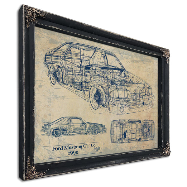 Cutler West Vintage 1990 Ford Mustang GT 5.0 Fox Body Car Model Mancave Blueprint Art