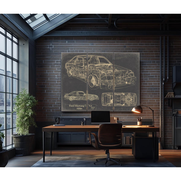 Cutler West Vintage 1990 Ford Mustang GT 5.0 Fox Body Car Model Mancave Blueprint Art