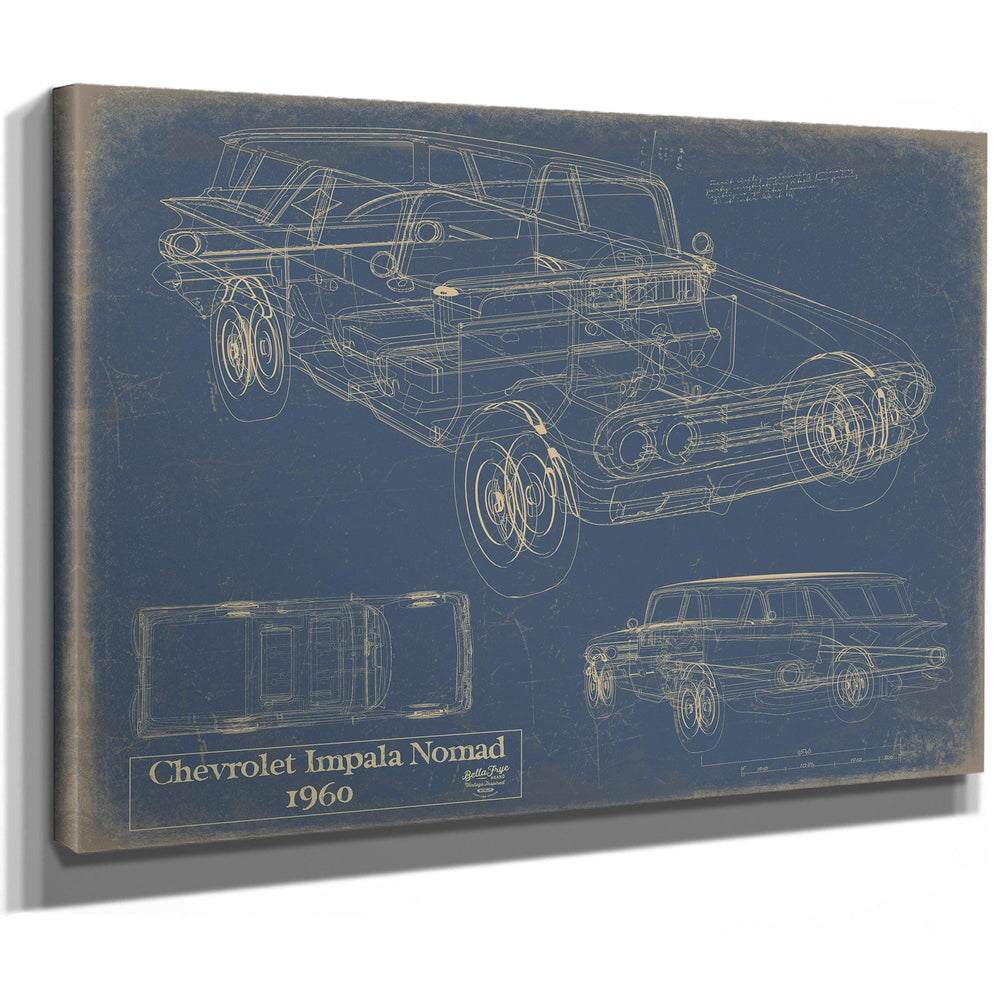 Cutler West 1960 Chevrolet Impala Nomad blueprint on blue background, stretched canvas wrap with top and side elevations
