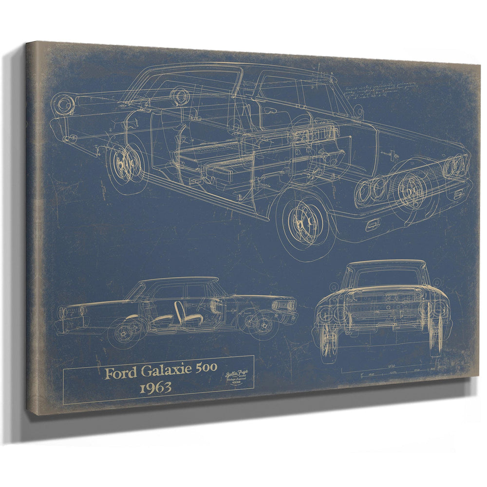 Cutler West Ford Galaxie 500 1963 blueprint print on stretched canvas wrap with blue background showing side and front views