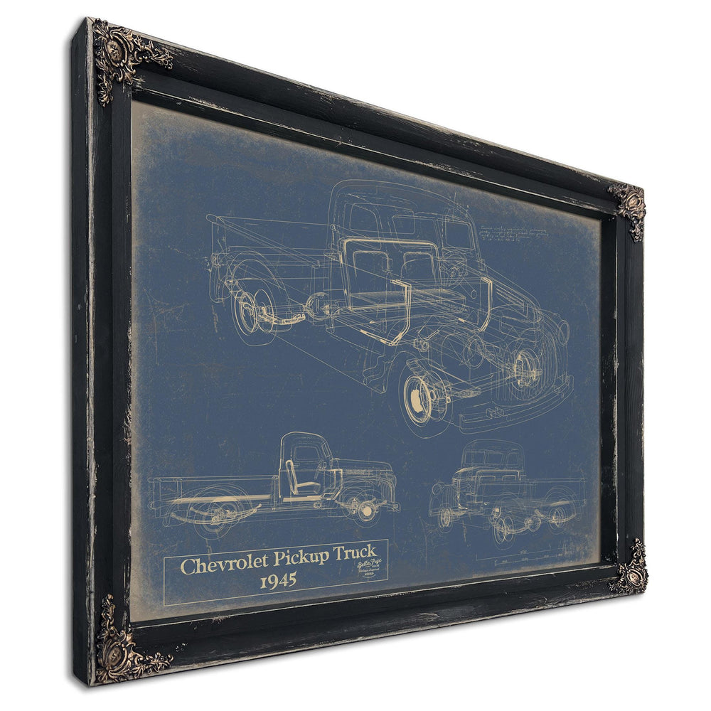 Cutler West 1945 Chevrolet Pickup Truck blueprint with three-view technical drawing on blue background, stretched canvas wrap