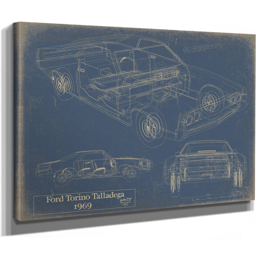 Cutler West 1969 Ford Torino Talladega blueprint print on blue stretched canvas, showing cutaway and side elevation views