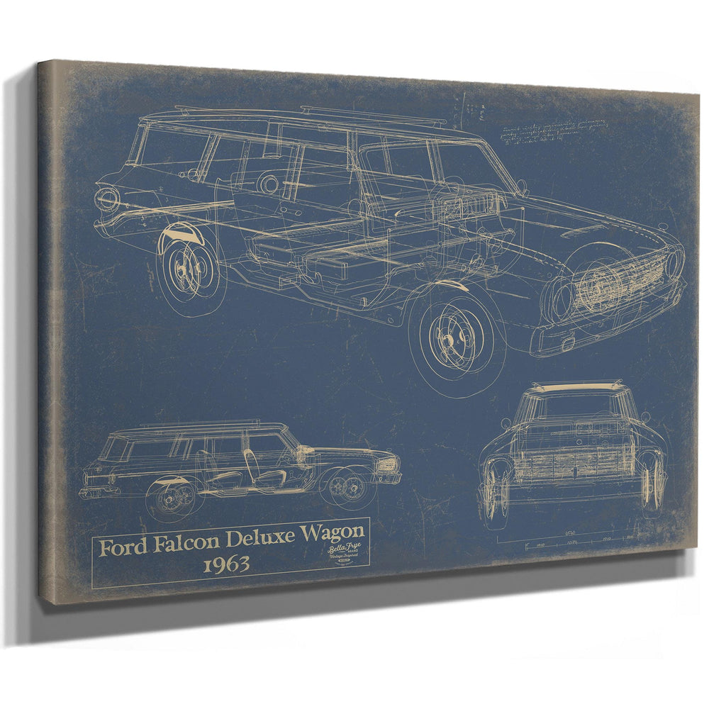 Cutler West 1963 Ford Falcon Deluxe Wagon blueprint on blue stretched canvas wrap showing side, front, and rear views