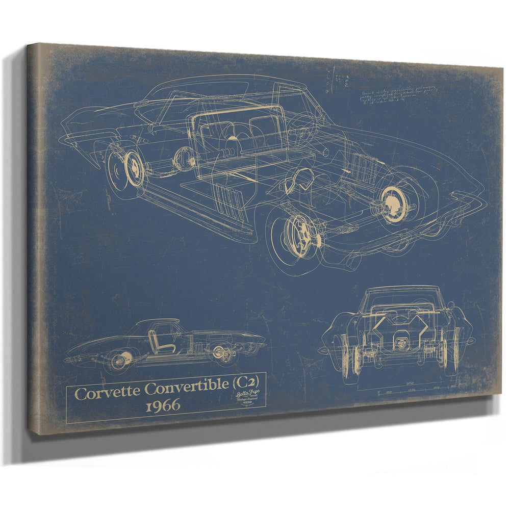 Cutler West 1966 Corvette Convertible C2 blueprint on blue background stretched canvas wrap showing three technical views