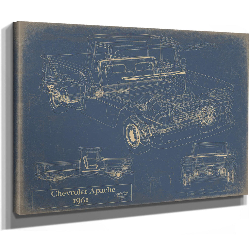 Cutler West 1961 Chevrolet Apache blueprint print on blue stretched canvas with technical drawings from multiple angles