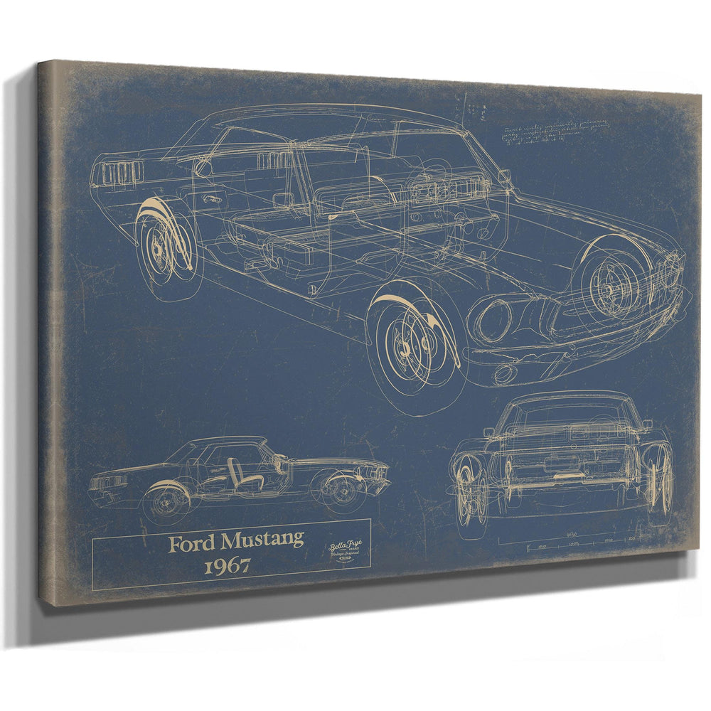 Cutler West 1967 Ford Mustang blueprint technical drawings on blue stretched canvas wrap showing multiple vehicle views