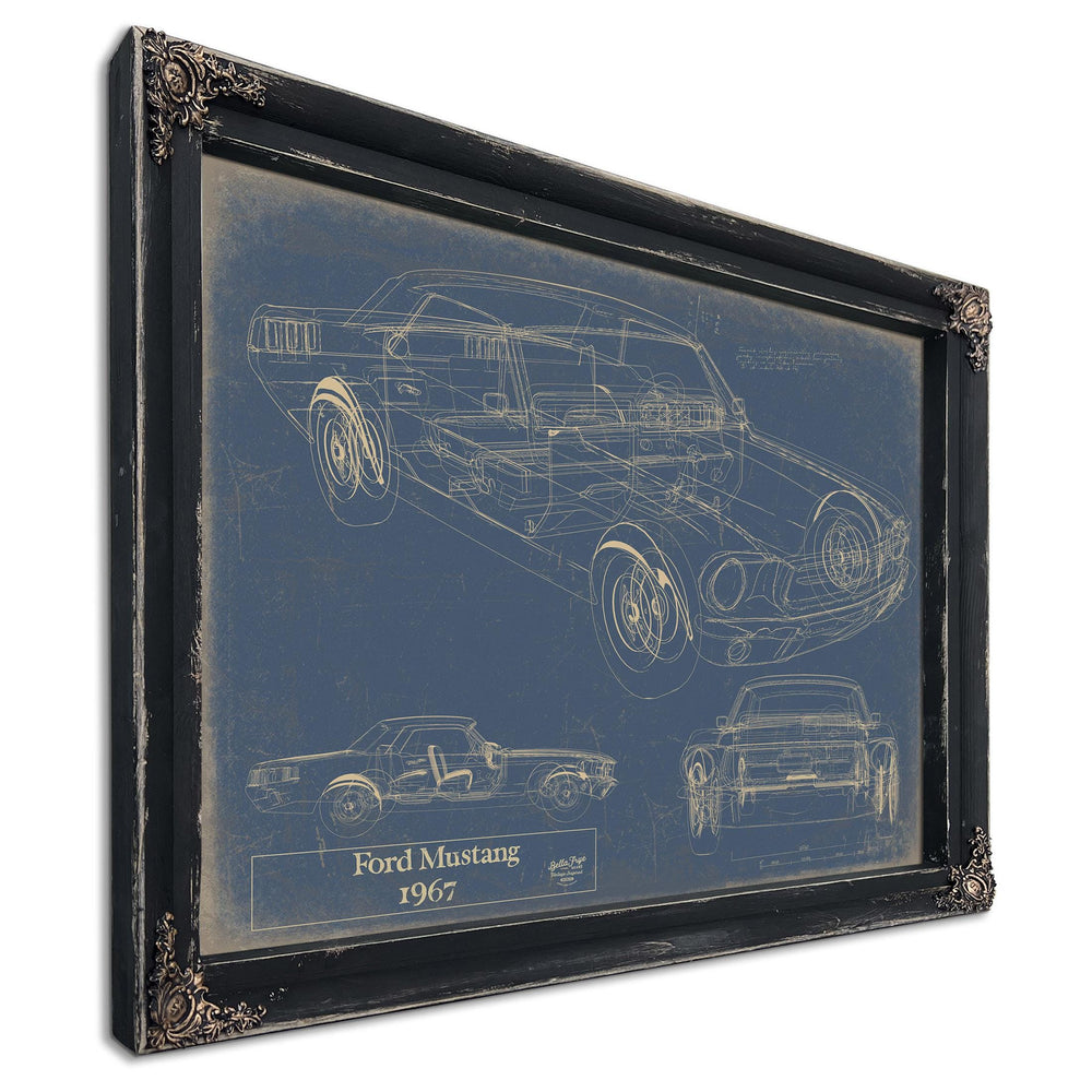 Cutler West 1967 Ford Mustang blueprint technical drawings on blue stretched canvas wrap showing multiple vehicle views