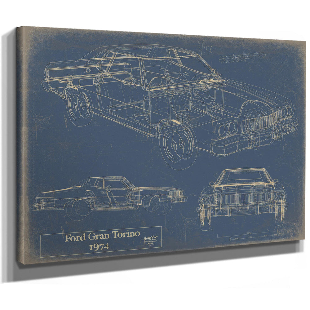 Cutler West 1974 Ford Gran Torino blueprint on blue stretched canvas showing three vehicle views
