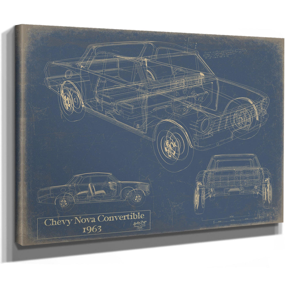 Cutler West 1963 Chevy Nova Convertible blueprint print on blue stretched canvas wrap showing three vehicle views