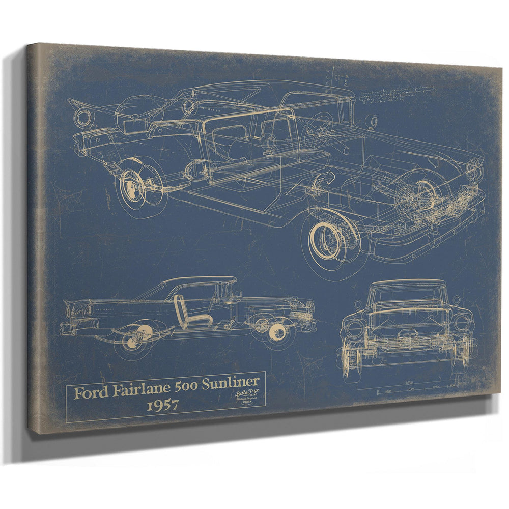 Cutler West Ford Fairlane 500 Sunliner 1957 blueprint on blue stretched canvas wrap showing multiple vehicle views