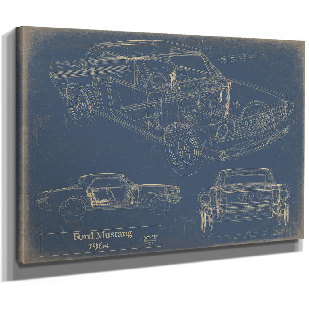 Cutler West 1964 Ford Mustang blueprint art on stretched canvas wrap with blue background