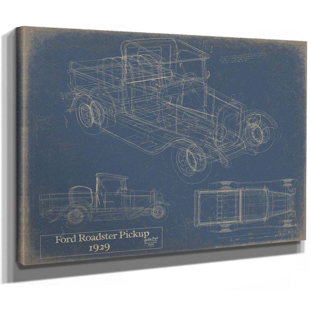 Cutler West 1929 Ford Roadster Pickup blueprint on blue stretched canvas wrap showing multiple technical views