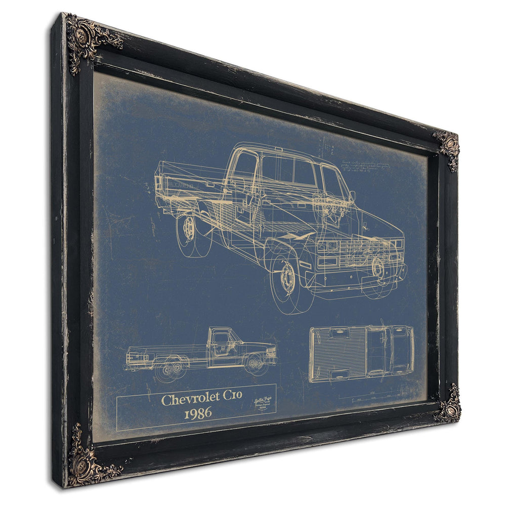 Cutler West 1986 Chevrolet C10 blueprint on blue background, stretched canvas wrap, showing side and top views