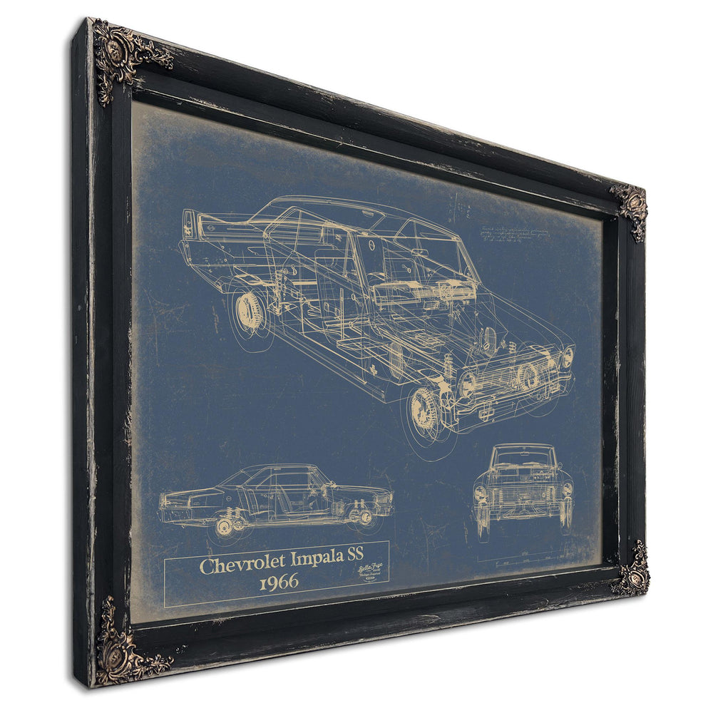 Cutler West 1966 Chevrolet Impala SS blueprint print in black frame on blue background