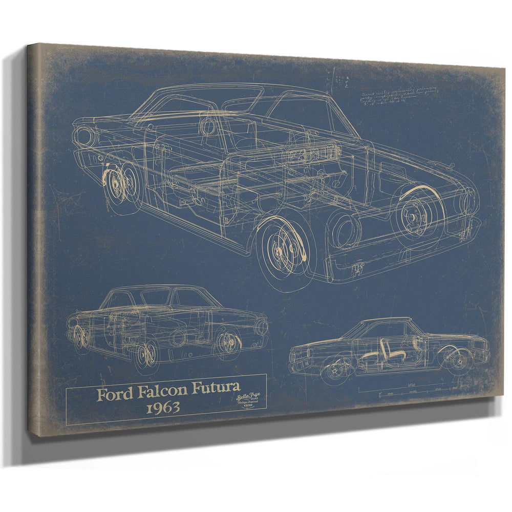 Cutler West Ford Falcon Futura 1963 blueprint with technical drawings on blue background stretched canvas