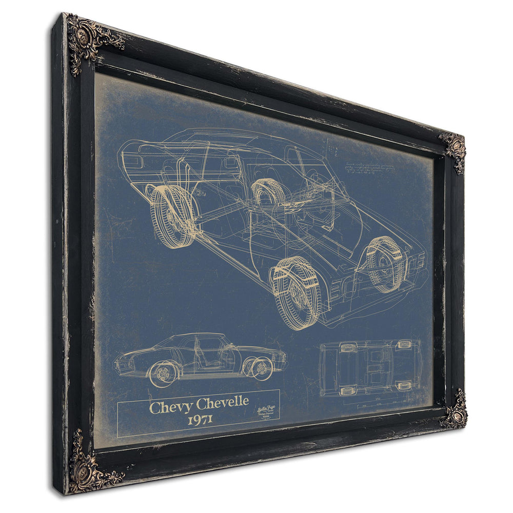 Cutler West 1971 Chevy Chevelle blueprint print in black frame on blue background showing isometric and side views