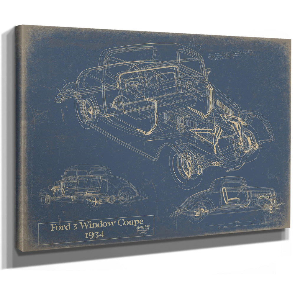 Cutler West Ford 3 Window Coupe 1934 blueprint print in black frame on blue background