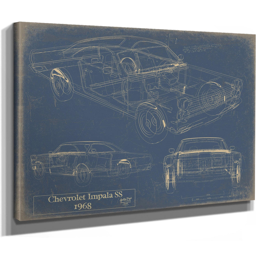 Cutler West 1968 Chevrolet Impala SS technical blueprint on blue background, stretched canvas wrap showing cutaway and side elevation views
