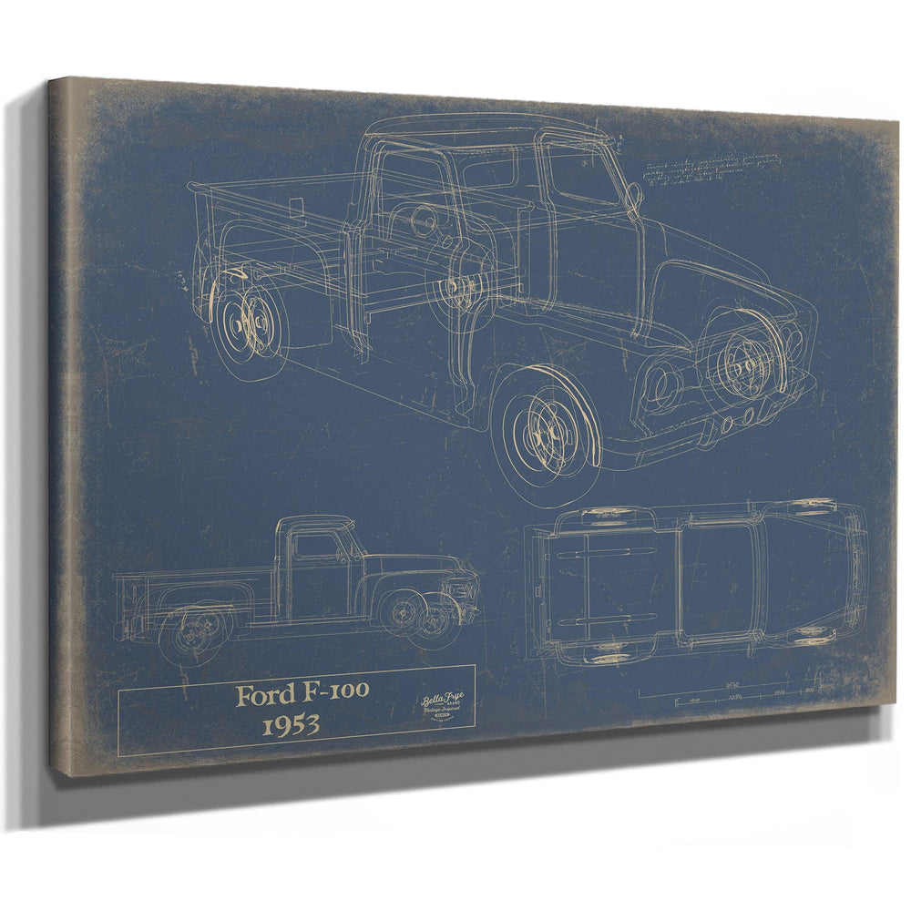 Cutler West Ford F-100 1953 blueprint print on stretched canvas wrap with blue background showing three vehicle views