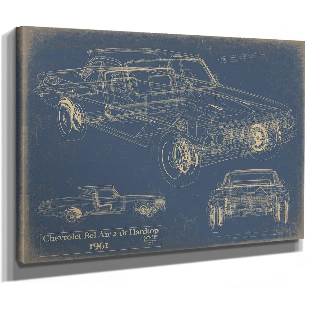 Cutler West 1961 Chevrolet Bel Air 2-dr Hardtop blueprint on blue background, stretched canvas wrap