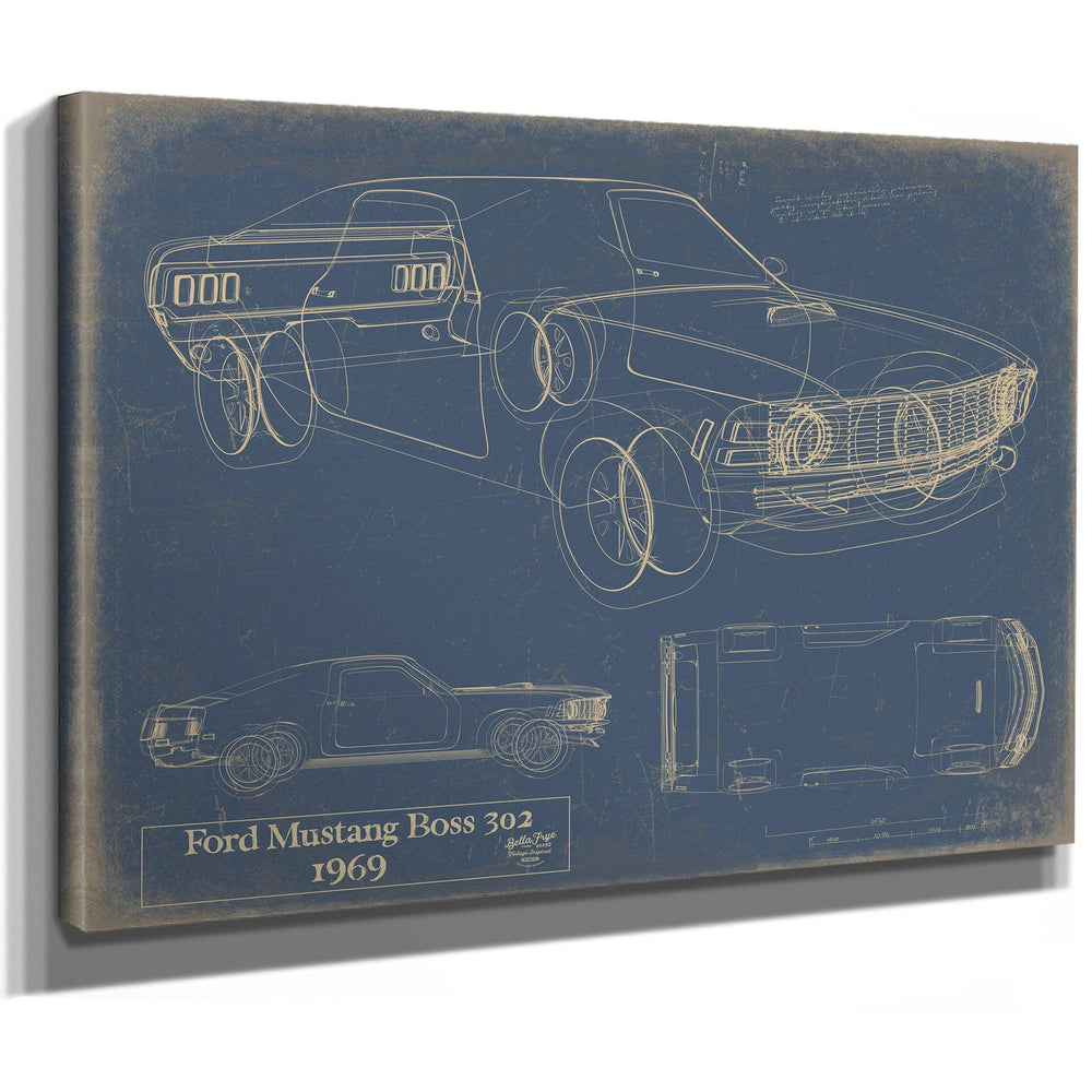 Cutler West 1969 Ford Mustang Boss 302 blueprint art on blue stretched canvas wrap with technical drawings