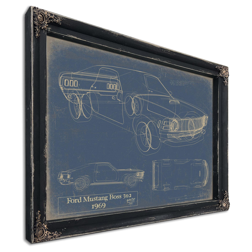 Cutler West 1969 Ford Mustang Boss 302 blueprint art on blue stretched canvas wrap with technical drawings