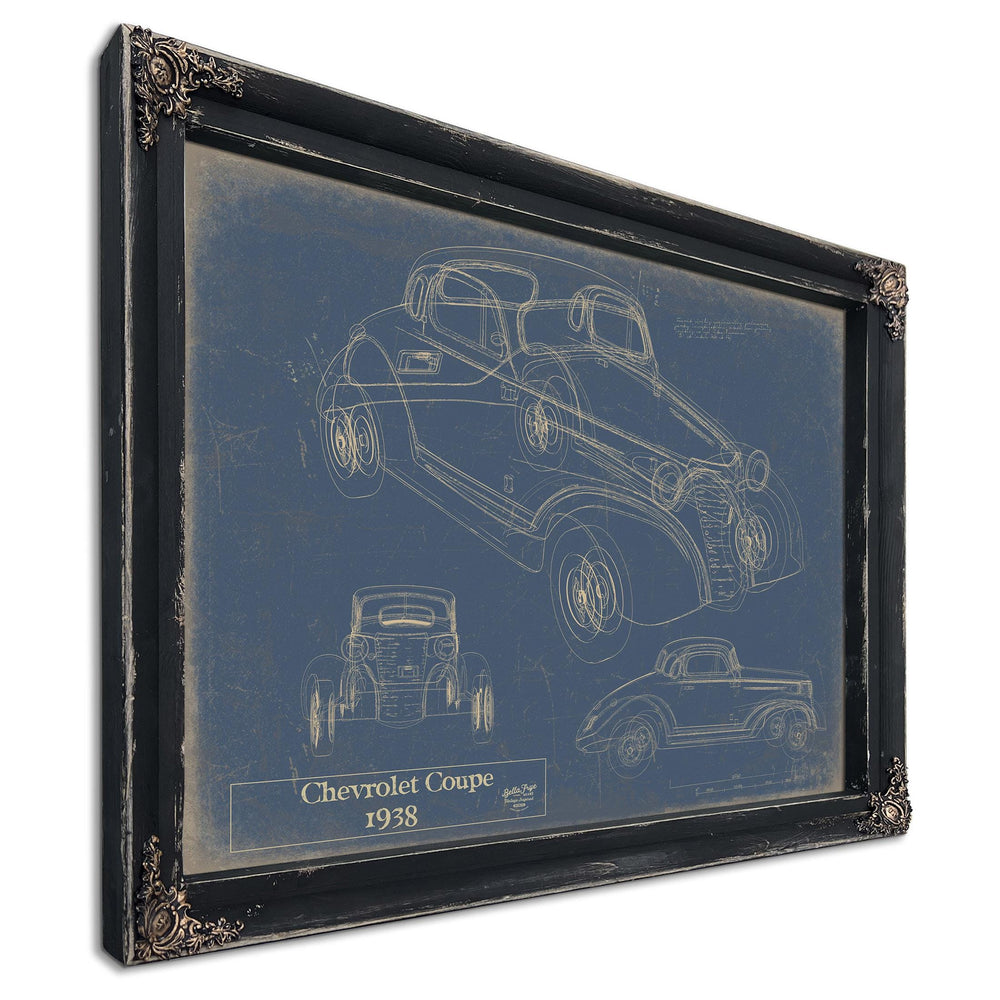 Cutler West 1938 Chevrolet Coupe blueprint with three vehicle views on blue background, stretched canvas wrap