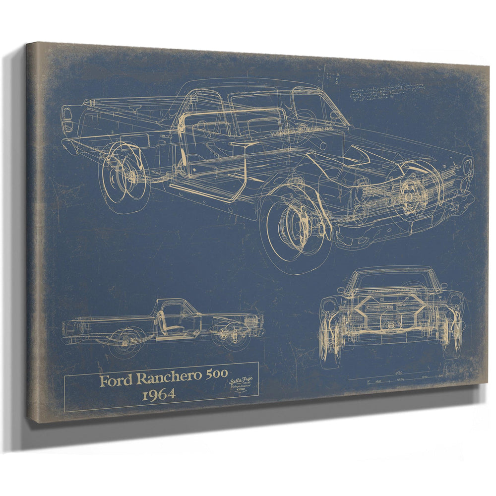 Cutler West 1964 Ford Ranchero 500 blueprint print on stretched canvas with multiple vehicle views on blue background