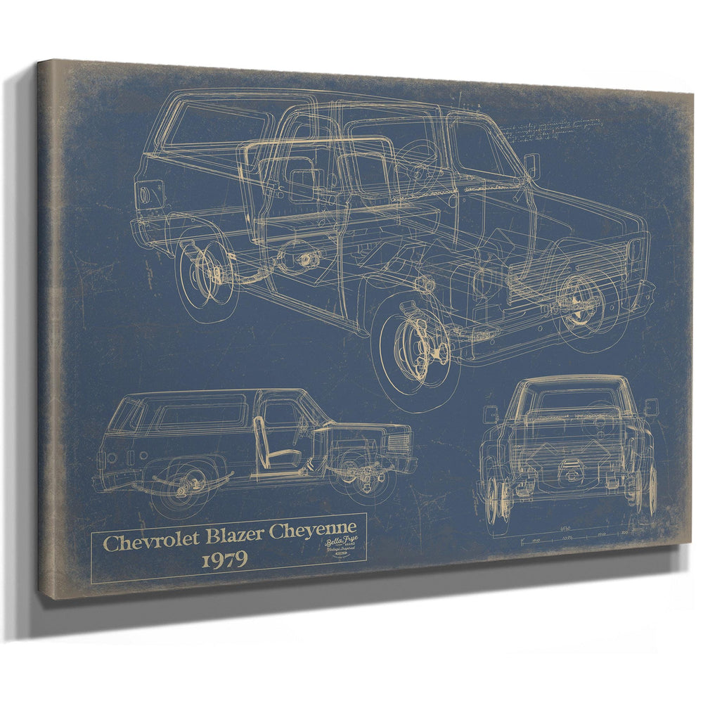 Cutler West 1979 Chevrolet Blazer Cheyenne blueprint on blue stretched canvas showing multiple vehicle angles