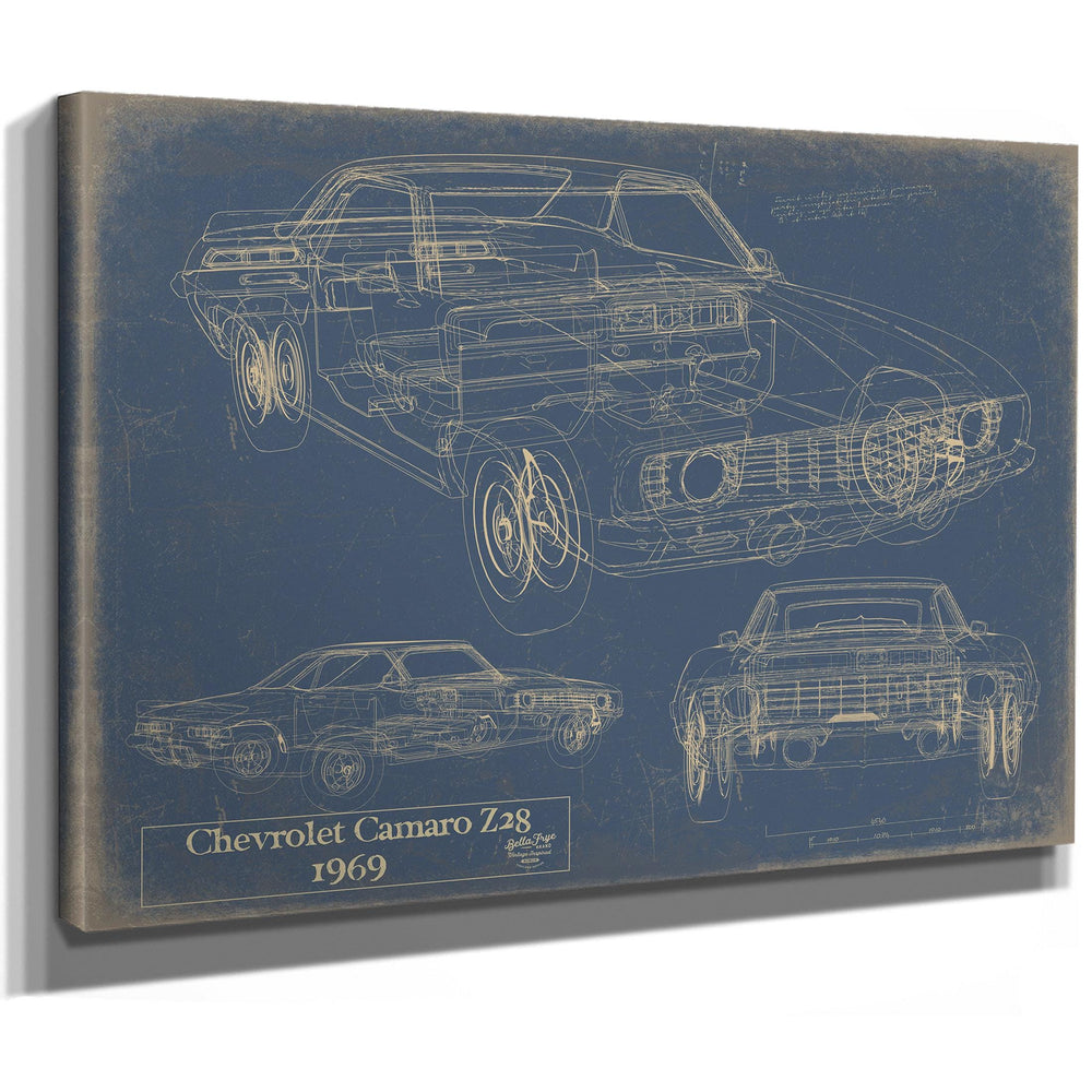 Cutler West 1969 Chevrolet Camaro Z28 blueprint on blue background, stretched canvas wrap with multiple technical views