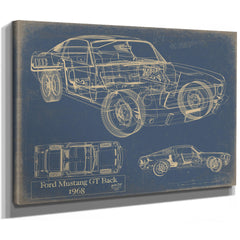 Cutler West Vintage 1968 Ford Mustang GT Fastback Car Model Print, Original Blueprint Canvas