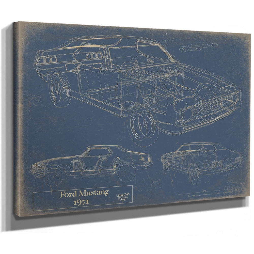 Cutler West 1971 Ford Mustang blueprint with multiple technical views on blue background, stretched canvas wrap