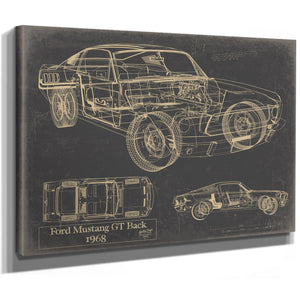 Cutler West Vintage 1968 Ford Mustang GT Fastback Car Model Print, Original Blueprint Canvas