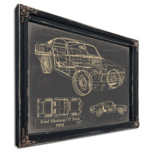 Cutler West Vintage 1968 Ford Mustang GT Fastback Car Model Print, Original Blueprint Canvas