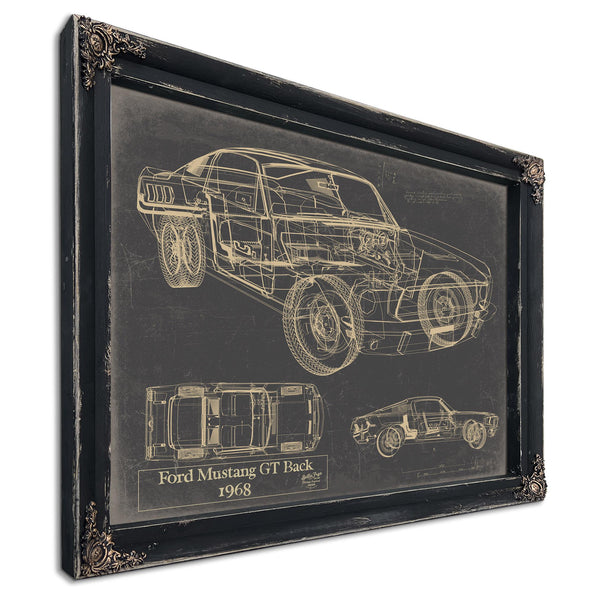 Cutler West Vintage 1968 Ford Mustang GT Fastback Car Model Print, Original Blueprint Canvas