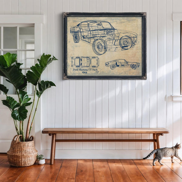Cutler West Vintage 1968 Ford Mustang GT Fastback Car Model Print, Original Blueprint Canvas
