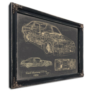 Cutler West Vintage 1990 Ford Mustang GT 5.0 Fox Body Car Model Mancave Blueprint Art