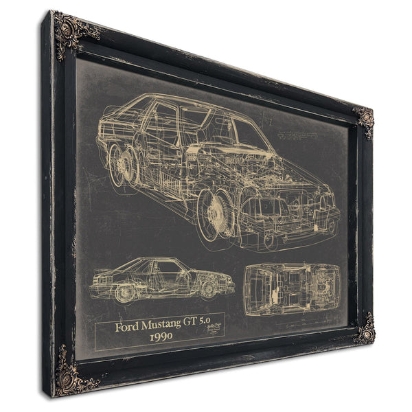 Cutler West Vintage 1990 Ford Mustang GT 5.0 Fox Body Car Model Mancave Blueprint Art