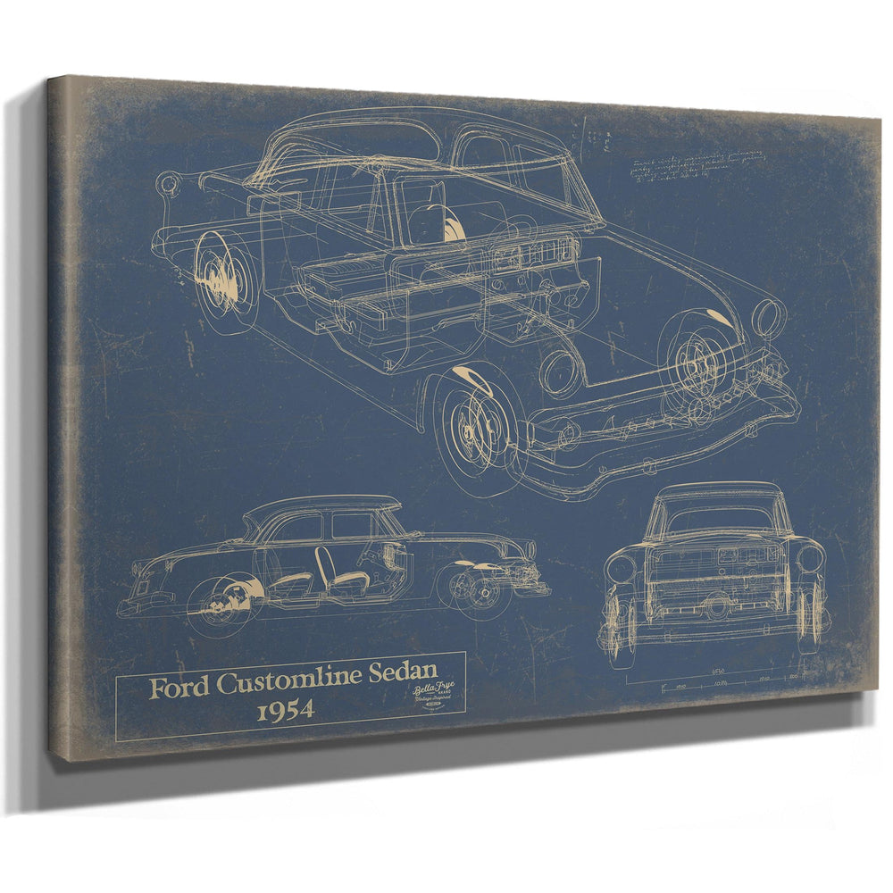 Cutler West 1954 Ford Customline Sedan technical blueprint on blue stretched canvas with multiple vehicle views