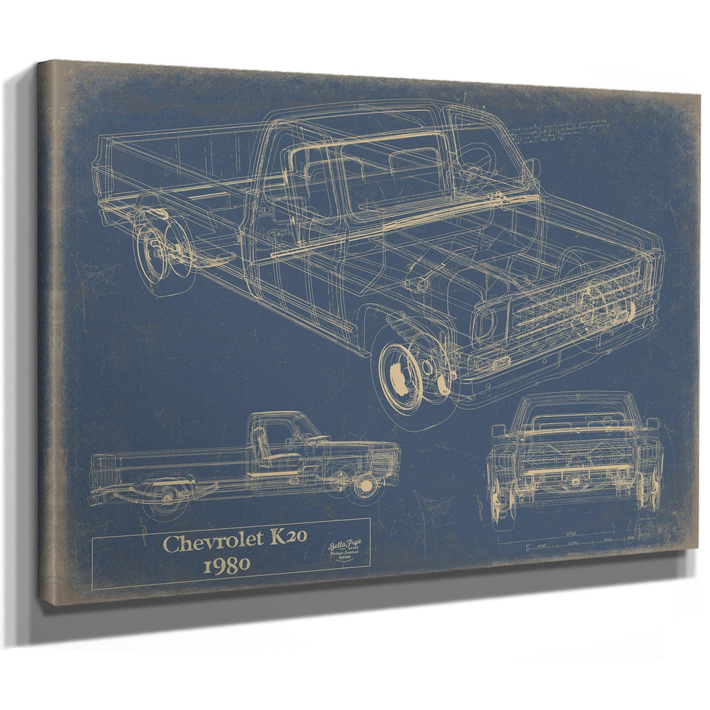 Cutler West 1980 Chevrolet K20 blueprint with multiple views on blue background, stretched canvas