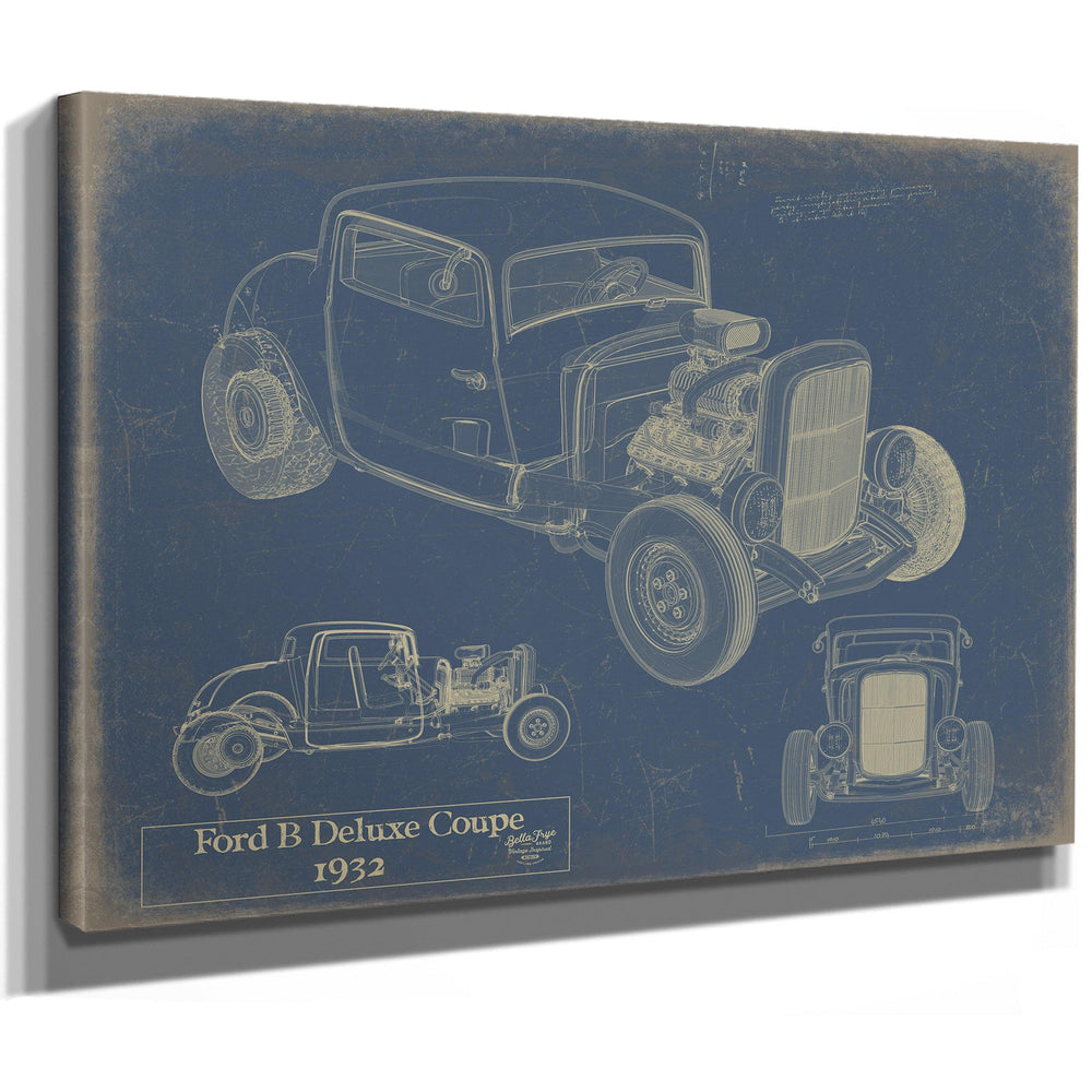 Cutler West 1932 Ford B Deluxe Coupe blueprint art on stretched canvas with blue background showing side and detail views