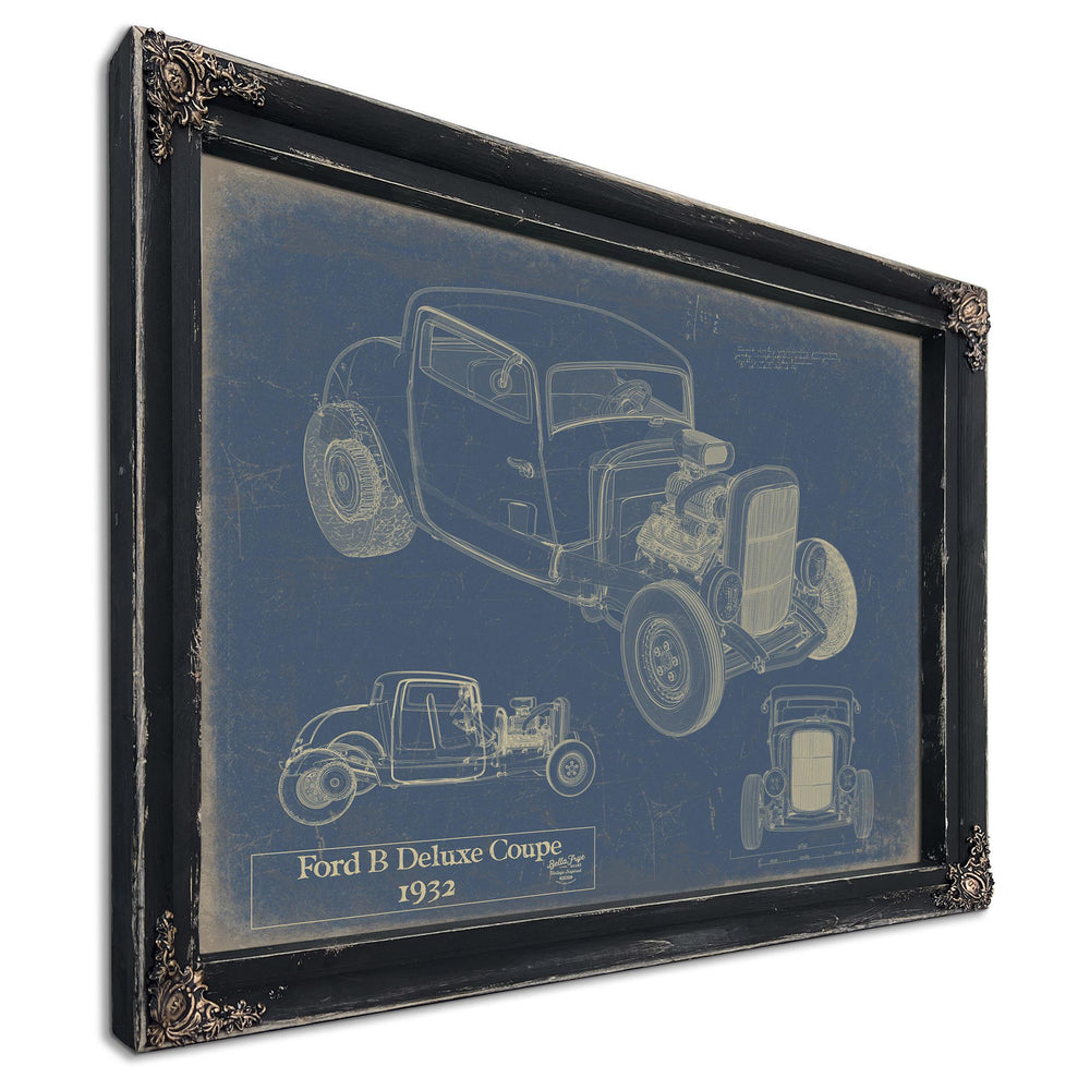 Cutler West 1932 Ford B Deluxe Coupe blueprint art on stretched canvas with blue background showing side and detail views