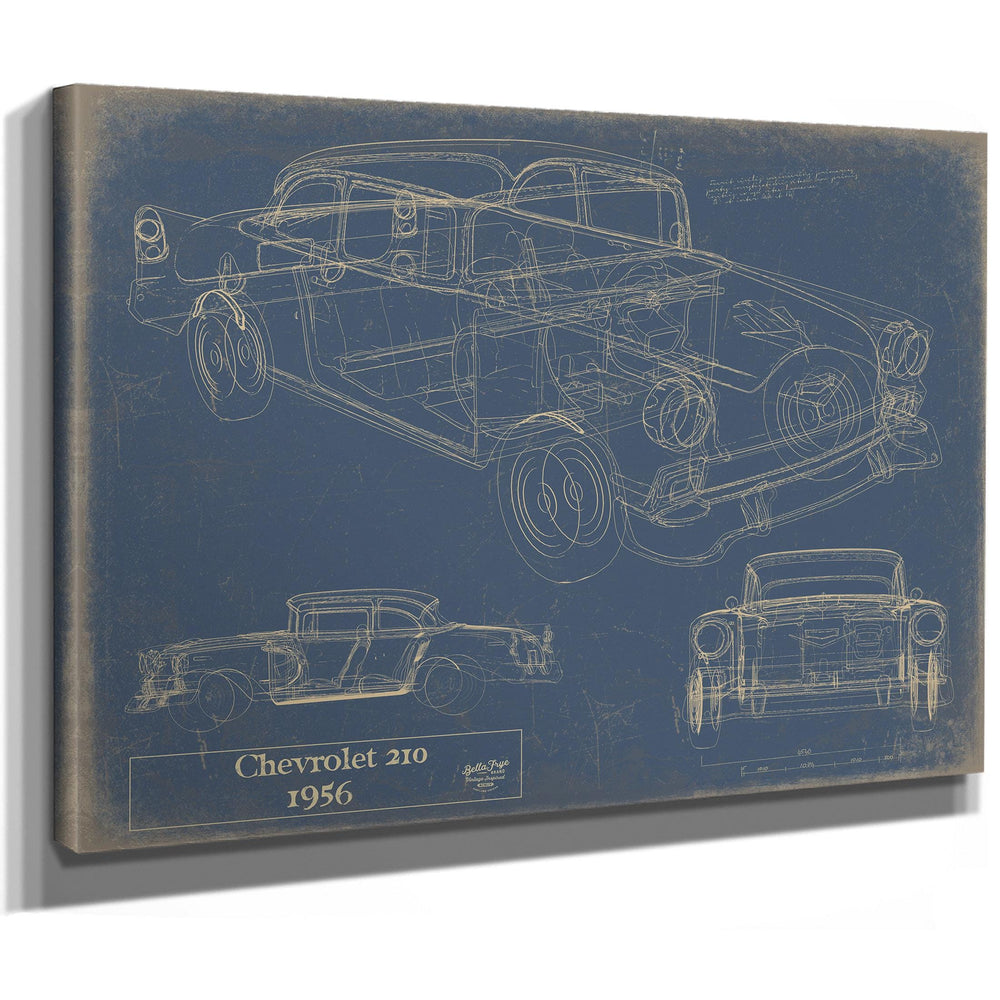 Cutler West Chevrolet 210 1956 blueprint art on blue background showing top view, side elevation, and front view with stretched canvas wrap